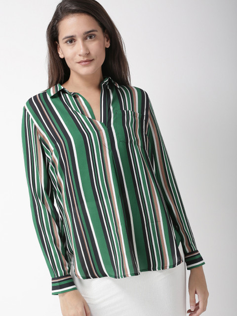 

FOREVER 21 Women Green & Black Striped Semi-Sheer Shirt Style Top