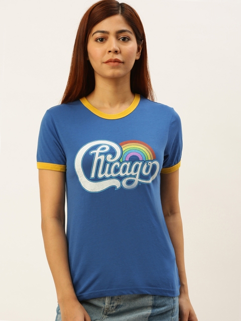 

FOREVER 21 Women Blue Printed Round Neck T-shirt