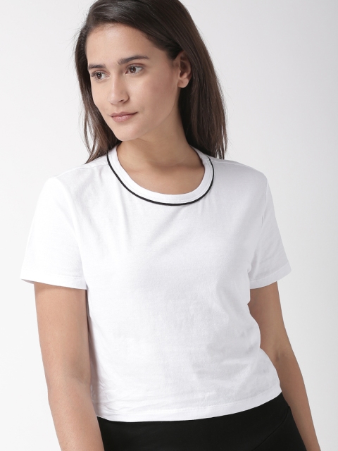 

FOREVER 21 Women White Solid Round Neck T-shirt