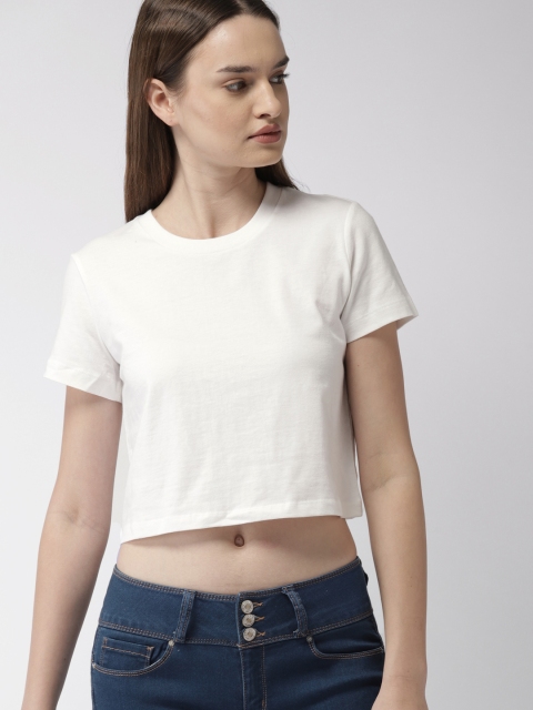 

FOREVER 21 Women White Solid Round Neck T-shirt