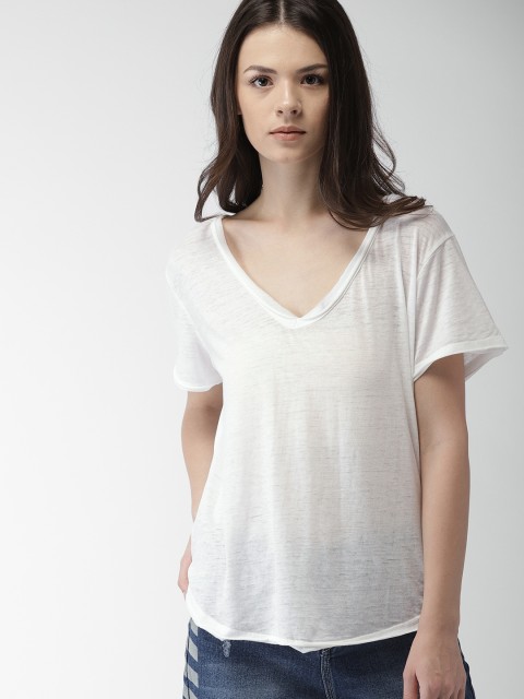 

FOREVER 21 Women White Solid V-Neck T-shirt