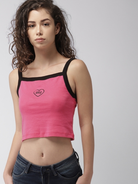 

FOREVER 21 Women Pink Solid Fitted Crop Pure Cotton Top