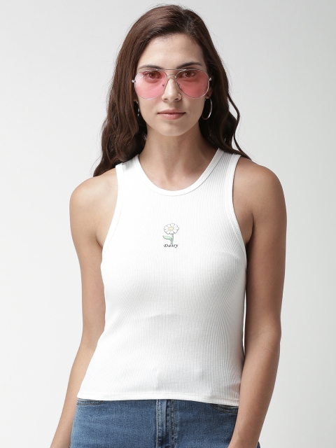

FOREVER 21 Women White Solid Fitted Top