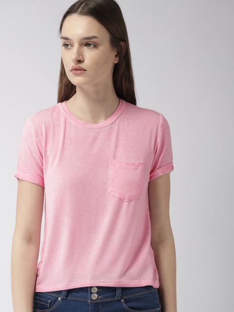 

FOREVER 21 Women Pink Solid Round Neck T-shirt