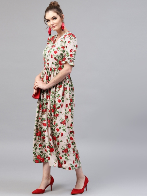 

GERUA Women Cream-Coloured & Red Floral Print Empire Dress