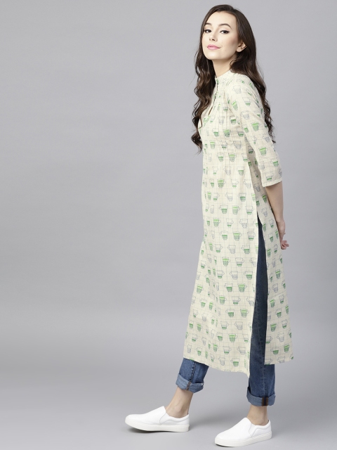 

GERUA Women Off-White & Green Printed Straight Kurta