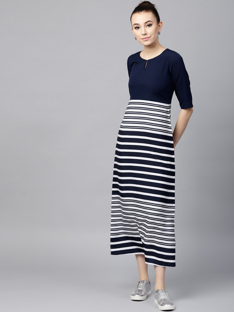 

GERUA Women Navy & White Striped Maxi Dress, Navy blue