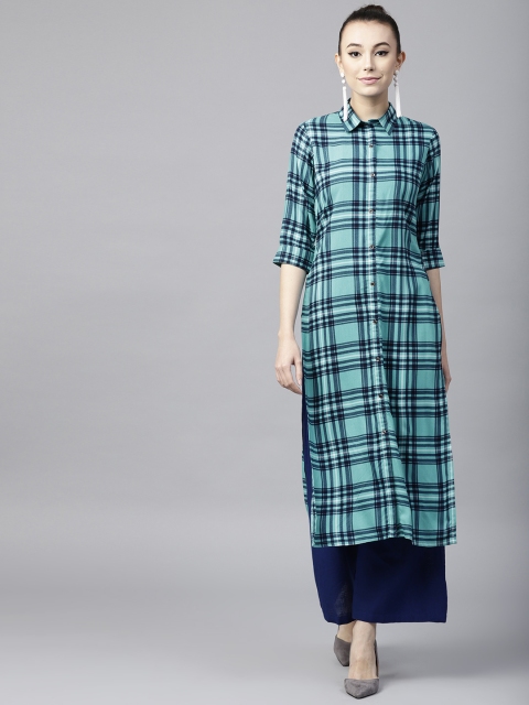 

GERUA Women Turquoise Blue Checked Straight Kurta