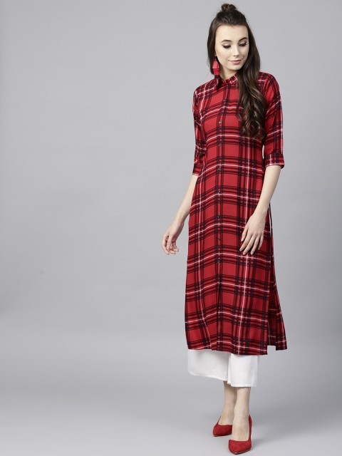 

GERUA Women Red & Navy Checked Straight Kurta