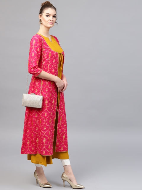 

GERUA Women Pink & Mustard Yellow Printed A-Line Kurta with Ethnic Jacket