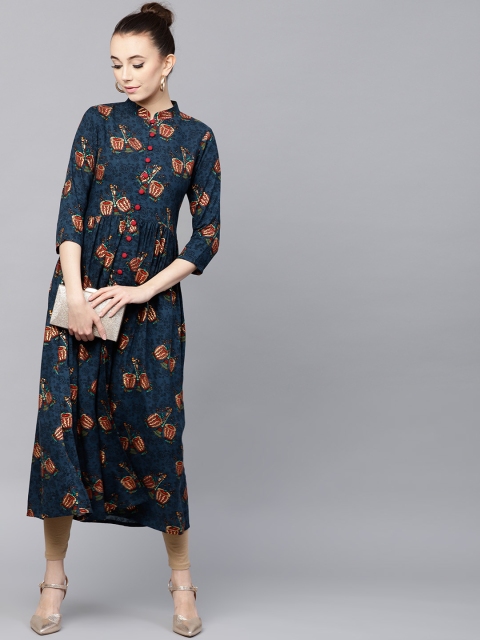 

GERUA Women Blue & Maroon Tabla Printed A-Line Kurta