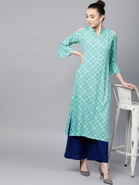 

GERUA Women Sea Green & Blue Checked Straight Kurta