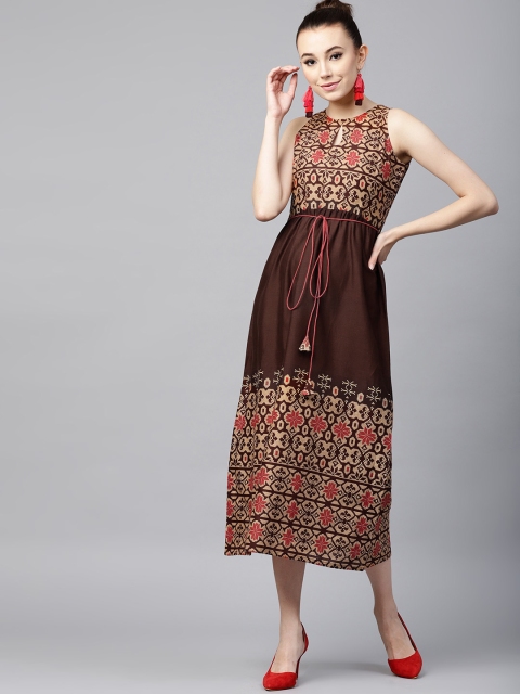

GERUA Women Coffee Brown Printed Midi A-Line Dress