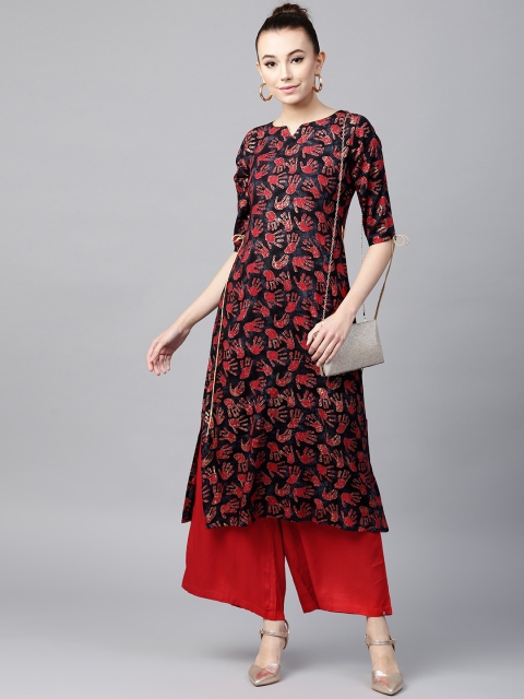 

GERUA Women Red & Navy Blue Printed Straight Kurta