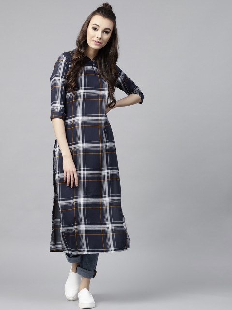 

GERUA Women Navy Checked Straight Kurta, Navy blue