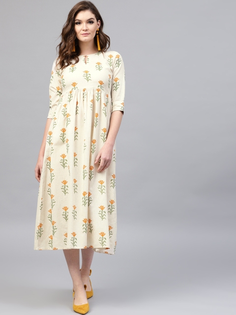 

GERUA Women Off-White & Orange Printed Empire Dress