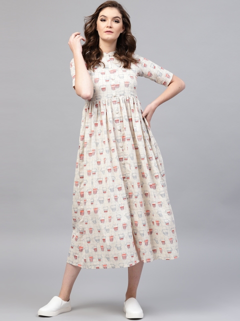 

GERUA Women Off-White & Orange Printed Empire Dress