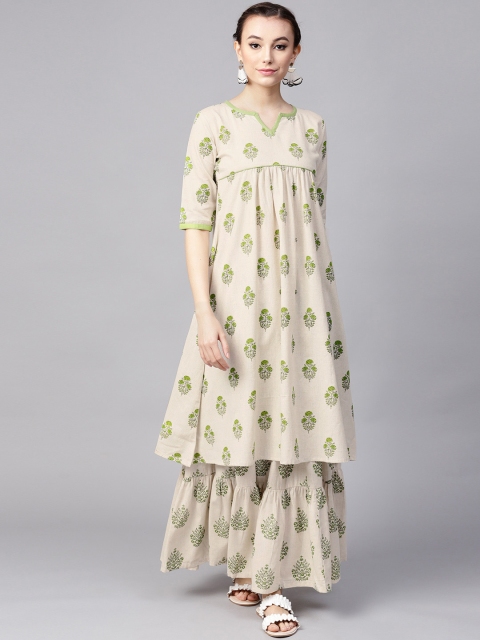 

GERUA Women Cream-Coloured & Green Printed Kurta with Skirt