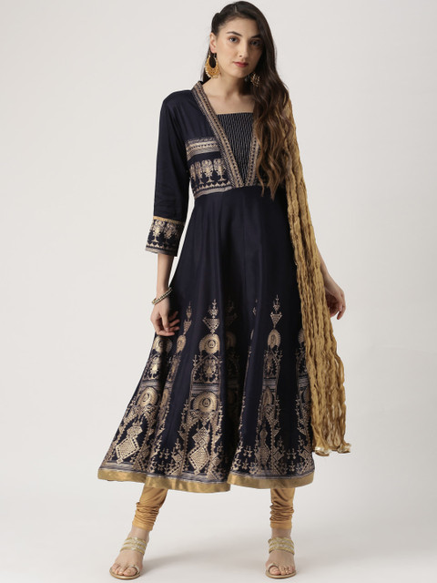 

IMARA Women Navy Blue & Gold-Toned Printed Anarkali with Churidar & Dupatta