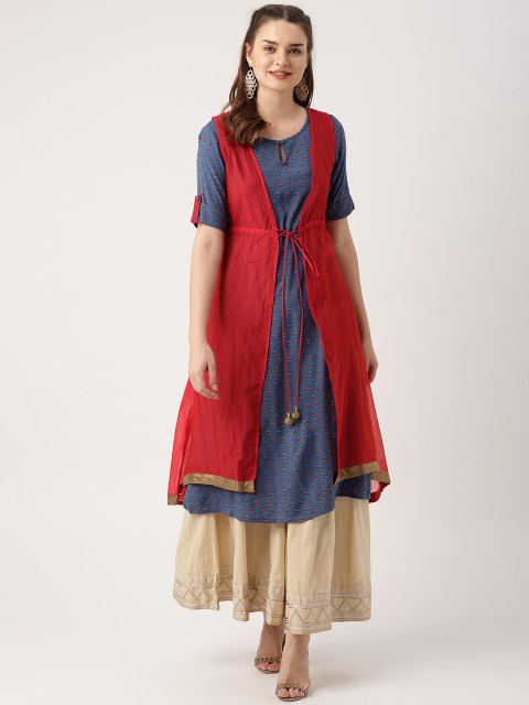

IMARA Women Red & Blue Printed A-Line Layered Kurta