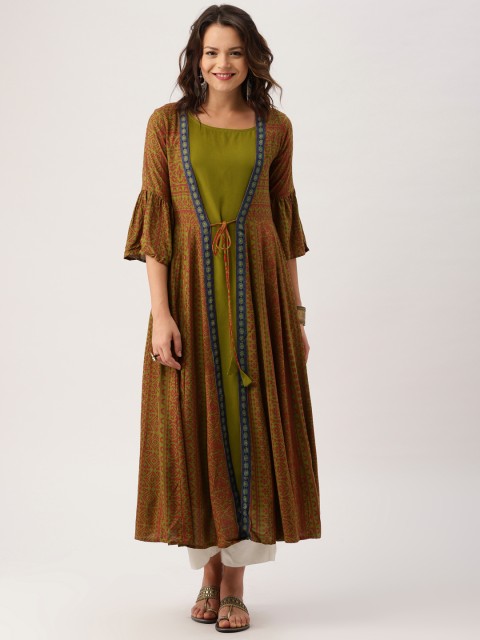 

IMARA Women Olive Green Printed A-Line Kurta