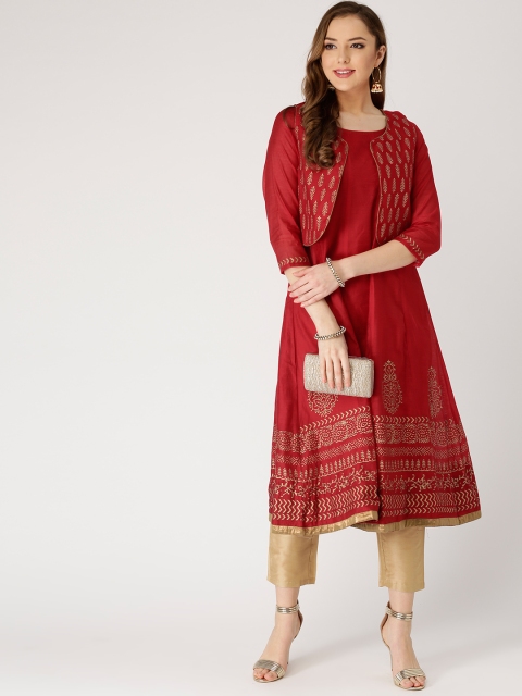 

IMARA Women Red & Golden Solid Kurta with Trousers & Ethnic Jacket