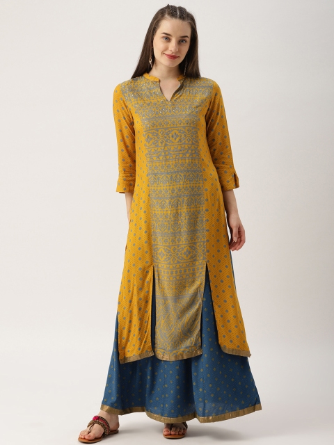 

IMARA Women Mustard & Blue Self Design Kurta with Skirt
