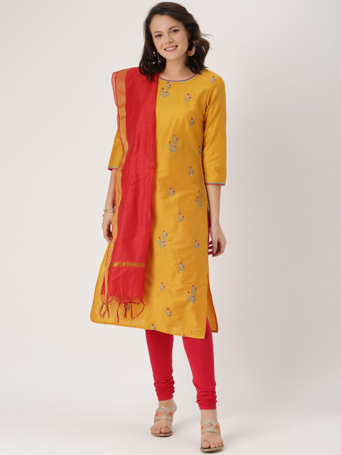 

IMARA Women Yellow & Red Embroidered Kurta with Churidar & Dupatta