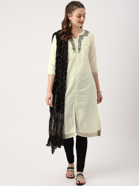 

IMARA Women Cream-Coloured & Black Embroidered Kurta with Churidar & Dupatta