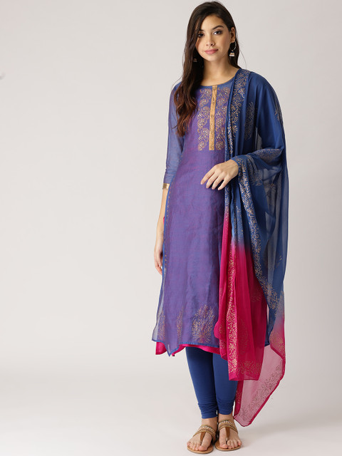 

IMARA Women Blue Yoke Design Kurta with Churidar & Dupatta