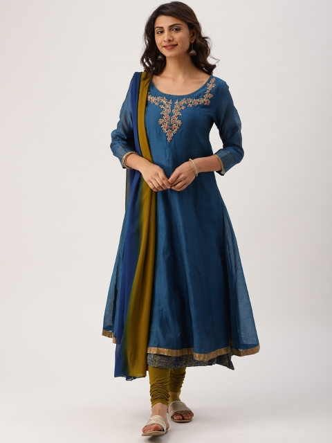 

IMARA Women Teal Blue & Olive Green Yoke Design A-line Kurta with Churidar & Dupatta