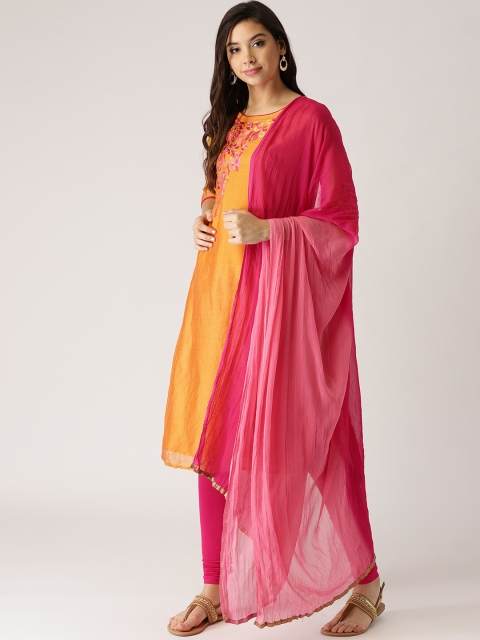 

IMARA Women Yellow & Pink Yoke Design Kurta with Churidar & Dupatta