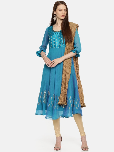 

IMARA Women Blue & Printed Kurta with Churidar & Dupatta