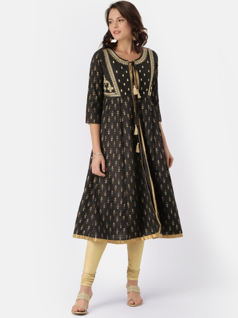 

IMARA Women Black & Gold Printed Kurta with Churidar