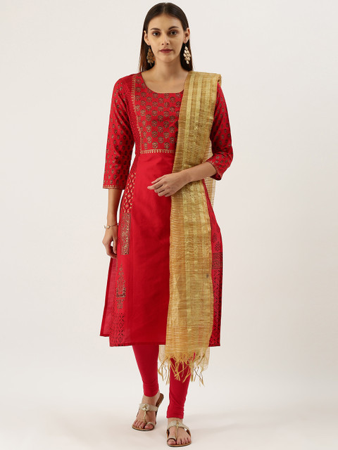 

IMARA Women Red & Gold-Toned Printed Kurta with Churidar & Dupatta