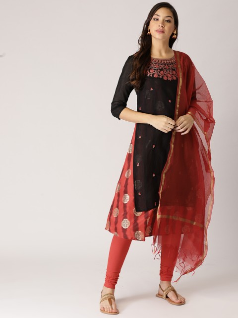 

IMARA Women Black & Red Embroidered Layered Kurta with Churidar & Dupatta