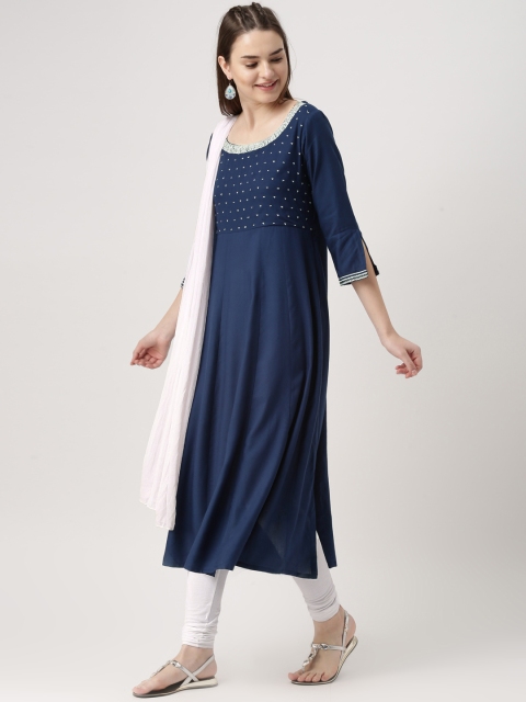 

IMARA Women Navy Blue & White Embroidered Kurta with Churidar & Dupatta