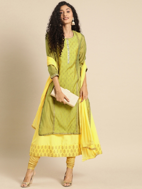 

IMARA Women Green & Gold-Toned Printed Kurta with Churidar & Dupatta