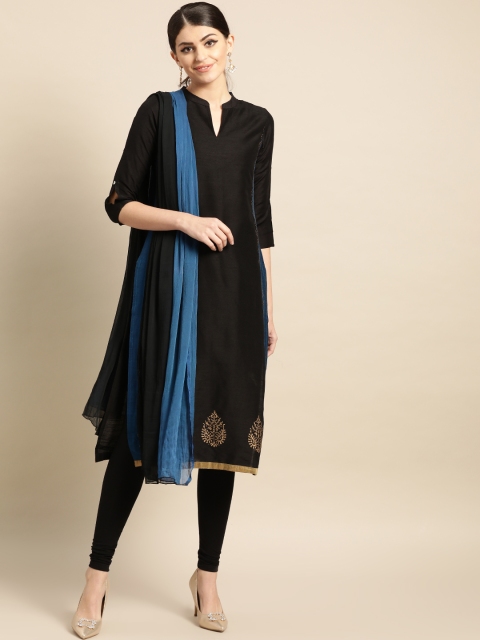 

IMARA Women Black & Navy Blue Printed Kurta with Churidar & Dupatta