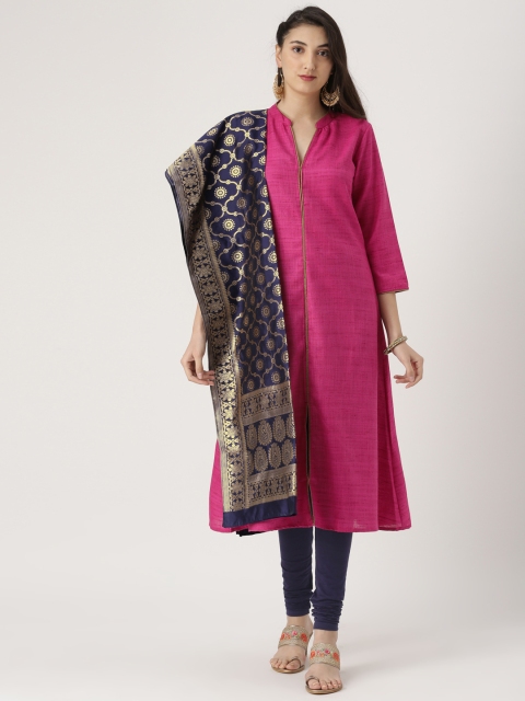 

IMARA Women Magenta & Navy Blue Solid Kurta with Churidar & Dupatta