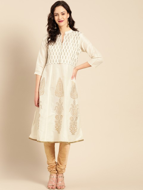 

IMARA Women Off-White & Golden Printed Kurta with Churidar