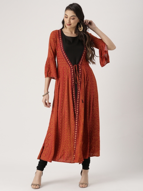 

IMARA Women Maroon & Black Printed Layered A-Line Kurta