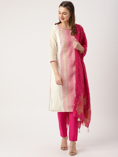 

IMARA Women Off-White & Pink Printed Kurta with Trousers & Dupatta