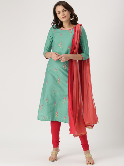 

IMARA Women Green & Red Embroidered Kurta with Churidar & Dupatta