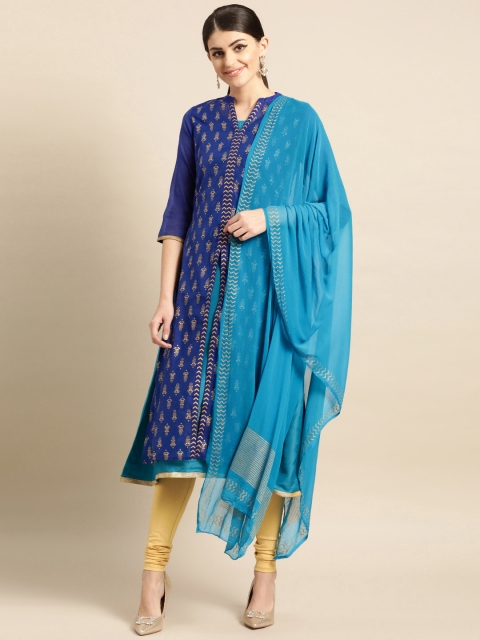 

IMARA Women Blue & Golden Printed Layered Kurta with Leggings & Dupatta