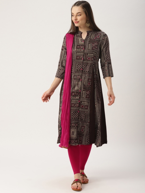 

IMARA Women Brown & Pink Self Design Kurta with Churidar & Dupatta