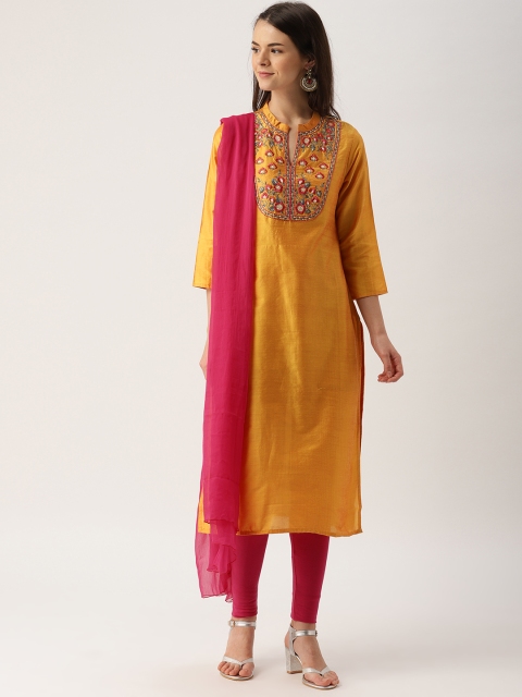 

IMARA Women Yellow & Pink Embroidered Kurta with Churidar & Dupatta