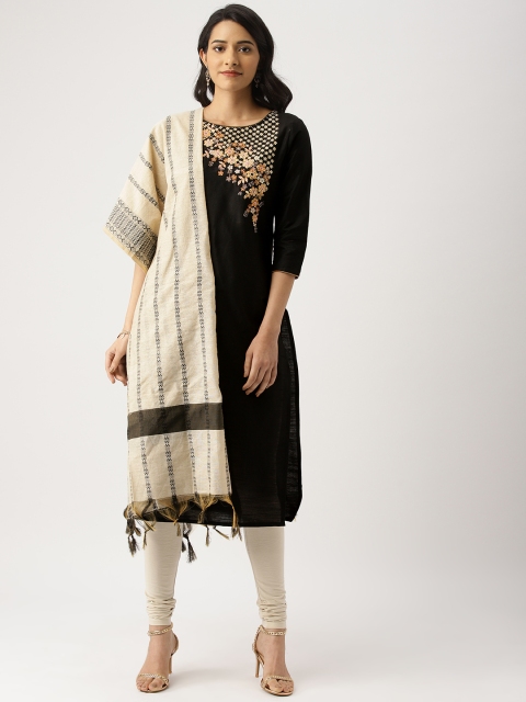 

IMARA Women Black & Beige Embroidered Kurta with Churidar & Dupatta