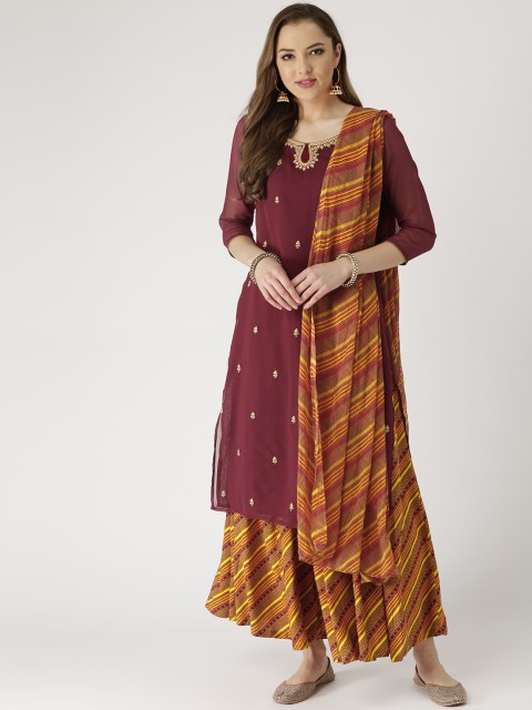 

IMARA Women Burgundy & Orange Embroidered Kurta with Palazzos & Dupatta