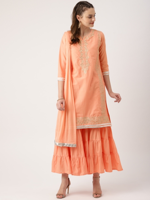 

IMARA Women Peach-Coloured Embroidered Kurta with Sharara & Dupatta
